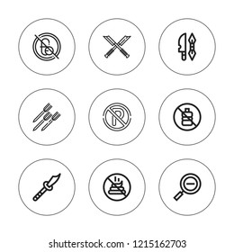 Prohibited icon set. collection of 9 outline prohibited icons with no drink, no drugs, restricted, weapon icons. editable icons.