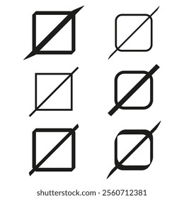 Prohibited icon set. Crossed out square shapes. Black vector prohibition symbols. Minimalist design set.