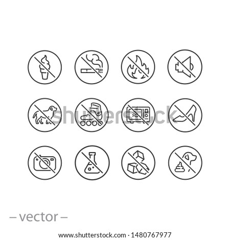 prohibited icon set, forbidden signs such as not smoking, no making noise, not taking pictures, not warming up, and more, bans thin line symbols isolated on white background - editable stroke vector