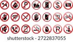 Prohibited Icons Set, Forbidden and Do Not Red Circle Signs Vector