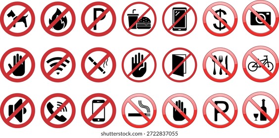 Prohibited Icons Set, Forbidden and Do Not Red Circle Signs Vector