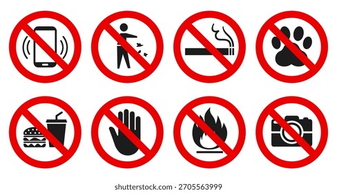 Prohibited icons set: no cell phone zone, litter, smoking, pets, no eating and drinks allowed, do not touch, do not light a fire, no photography