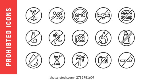 Prohibited icons. Set of prohibited trendy minimal icons. Forbidden, Nofood, Nosmoking, Nophoto, Nopet icon. Design signs for web page, mobile app, packaging design. Vector illustration