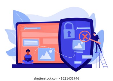 Prohibited, illegal sites, resources. Copyright protection from scamming. Media content control, media use regulations, online media police concept. Pinkish coral bluevector isolated illustration