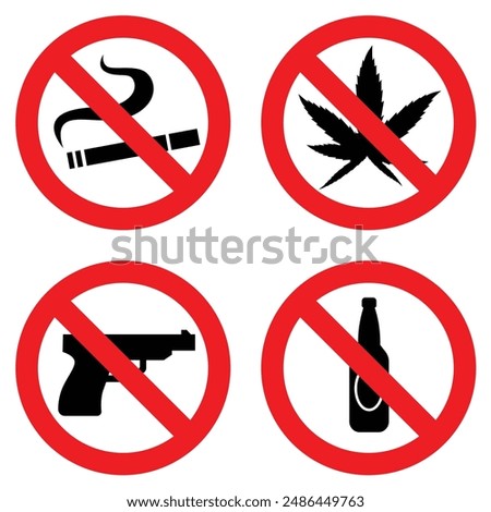 prohibited item sign cigarette, gun, drugs, marijuana, weapons, alcohol, firearms, knives, sharp weapons