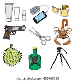 Prohibited items airport doodle icon hand free Vector EPS10.