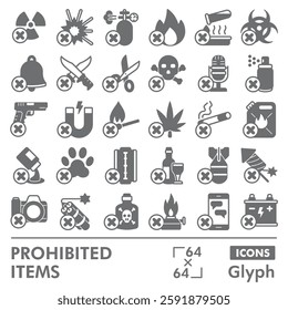 Prohibited items collection or sketches. forbidden item theme icons in glyph style signs for web and app. Vector graphics isolated on white background