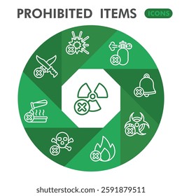 Prohibited items collection or sketches. forbidden item theme icons in line style signs for web and app. Vector graphics isolated on white background