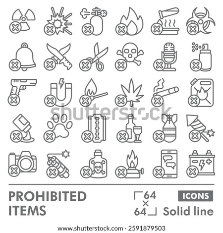 Prohibited items collection or sketches. forbidden item theme icons in line style signs for web and app. Vector graphics isolated on white background
