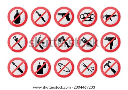 Prohibited items crossed circle badge for safety security warning control set vector illustration. Attention introduction information stop signal grenade knife gun axe weapon screwdriver lighter pin