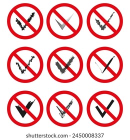Symbole für verbotene Elemente festgelegt. Keine Waffen oder Werkzeuge erlaubt. Vektorillustration. EPS 10.