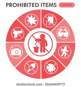 Prohibited items infographic design template. Forbidden action visualization with 8 steps circle diagram design on white background. Banned things infographics for presentation. Vector illustration