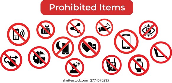 Prohibited items signs set with 13 forbidden symbols on white background indicating restricted objects