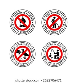 Etiqueta prohibida No se permiten fogatas, No pescar, No alimentar pájaros, No orinar aquí, set de pegatinas prohibidas