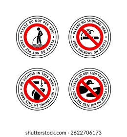 Etiqueta prohibida No fumar, No orinar aquí, No pescar en el hielo, No alimentar a los pájaros, set de pegatinas prohibidas
