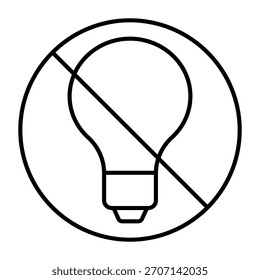 Verbotene Glühbirne dünne Linie Symbol, schalten Sie das Lichtkonzept. Vektorgrafiken. Lampenverbotsschild auf weißem Hintergrund, Umrissstilsymbol für mobiles oder Webdesign