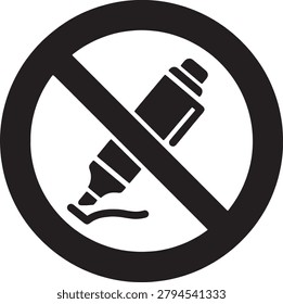 Prohibited marker pen symbol. No writing area sign. Graffiti forbidden zone icon. Stationary restriction warning graphic. Vector flat design for property protection notice.