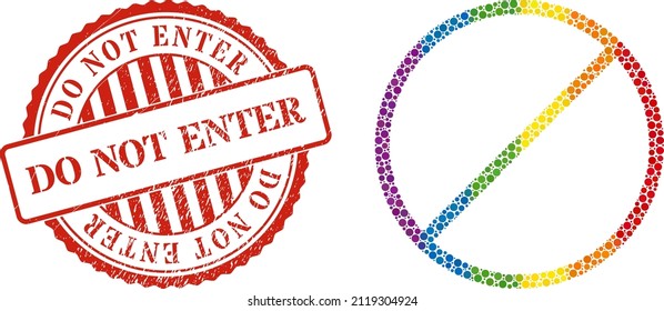 Prohibited mosaic icon of round items in various sizes and rainbow color tinges. Red rounded textured watermark with Do Not Enter message. A dotted LGBT- colored prohibited for lesbians, gays,