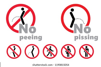 Prohibited no peeing or pee sign Warning no pissing icon. Woman or man is urinating. Stream of urine drops. Caution piss symbol.Stop halt allowed. Cartoon vector logo. Toilet, wc, Restroom or Restroom