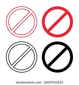 Prohibited No Sign Line Flat Set, Isolated On White Background.