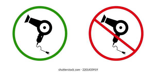 Prohibited and permitted icon set for use of hair dryer. Hair dryer malfunction. Vector.