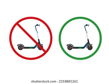 Prohibited and permitted use of electric scooters. Urban e-scooter rental. Ecological city transport. E-Scooter with charger. Electric scooter silhouette. Flat vector illustration