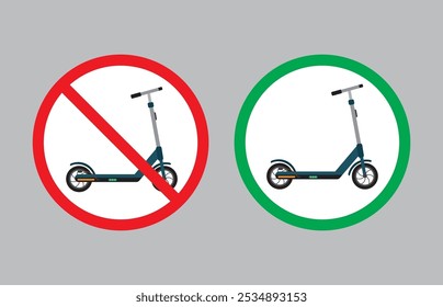 Prohibited and permitted use of electric scooters. Urban e-scooter rental. Ecological city transport, modern technology. Allowed area for scooter. Red and green circles with E-Scooters. flat vector