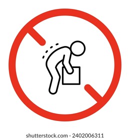Postura prohibida para el ascensor, sin trabajo ergonómico de la persona, icono de línea. Levantando peso con postura incorrecta. Levantamiento de peso inseguro. Signo de contorno del vector