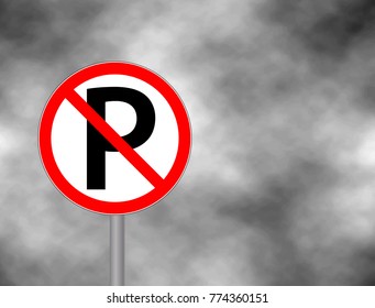 Prohibited Red Circle Metallic Border Road Sign. No Parking sign isolated on grey sky background. Shape red crossed out circle. Vector illustration