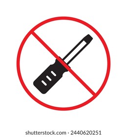 Icono vectorial de destornillador prohibido. Diseño de señal plana de herramienta de tornillo giratorio. Pictograma de símbolo plano de destornillador. Advertencia, precaución, atención, restricción, pictograma de símbolo de peligro