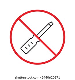 Icono vectorial de destornillador prohibido. Diseño de señal plana de herramienta de tornillo giratorio. Pictograma de símbolo plano de destornillador. Advertencia, precaución, atención, restricción, pictograma de símbolo de peligro