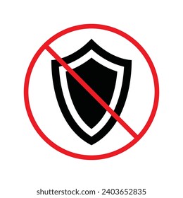 Icono vectorial de escudo prohibido. No hay ningún icono antivirus. Icono de virus prohibido. No hay señal de vector de escudo. Advertencia, precaución, atención, restricción, diseño de señales llanas de peligro. Símbolo de espada
