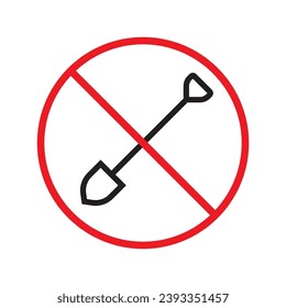 Icono vectorial de pala prohibida. No hay icono de pala. Icono de pala prohibida. Sin signo de herramienta. Advertencia, precaución, atención, restricción, peligro símbolo de diseño plano símbolo pictograma interfaz de usuario UX