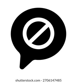 Icono de burbuja de chat de signo prohibido para restricciones, acciones bloqueadas, solicitudes denegadas y advertencias