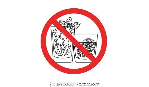 Verbotenes Schild mit rotem Kreis und Schrägstrich über einer Linie Art Illustration von zwei erfrischenden alkoholischen Getränken mit Eis und Zitrusfrüchten.