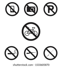 prohibited sign icon set. no phone, no photo, don't parking, bicycle, no smoking, don't hunting, don't fishing  black and isolated vector illustration