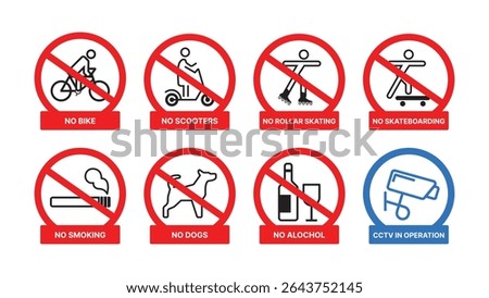 Prohibited Sign Icons Set – Biking, Scooters, Roller Skating, Skateboarding, Smoking, Dogs, Alcohol Not Allowed, with CCTV in Operation Symbol – Vector for Public Safety and Notice. Vector.