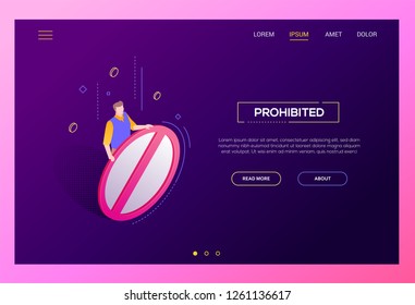 Prohibited sign - modern isometric vector web banner on purple background with copy space for text. High quality image with character holding button with stop, forbidden symbol. Perfect for websites