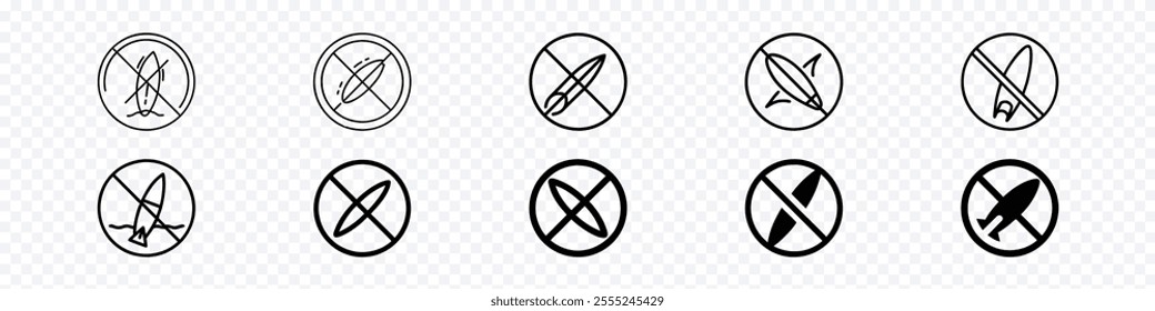 Prohibited sign for no surfing, no surf icon, Prohibition Sign Pictogram, No Kite Surfing icon set
