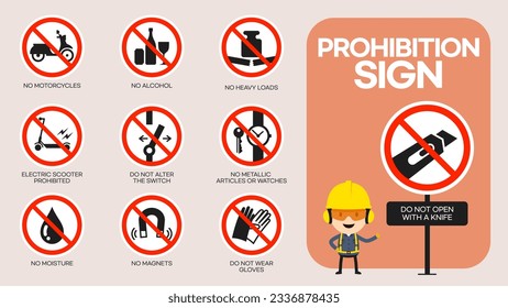 prohibited sign sets and characters who check the information signs