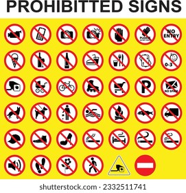 Prohibited sign symbols in yellow background with red and white