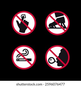 Prohibited signs, forbidden round stickers set, vector icons.