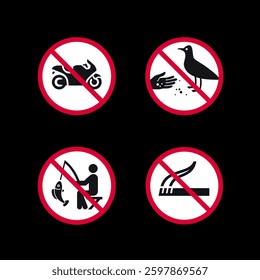 Prohibited signs, forbidden round stickers set, vector icons