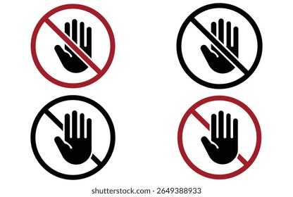 Conjunto de iconos de signos prohibidos   Etiquetas de advertencia rojas para no entrar, prohibir y no tocar