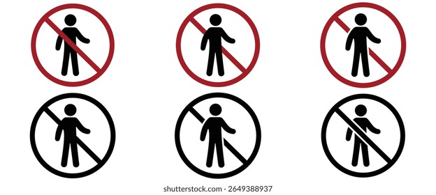 Conjunto de iconos de signos prohibidos   Etiquetas de advertencia rojas para no entrar, prohibir y no tocar