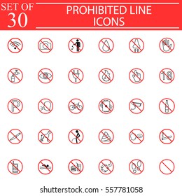 Prohibited signs line pictograms package, Forbidden symbols collection, vector sketches, solid logo illustrations, linear icons isolated red circles on white background, eps 10.