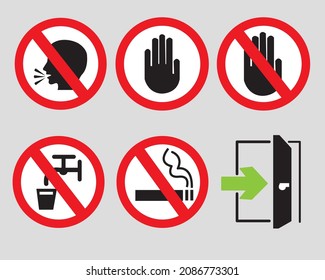 Prohibited signs, Stop talking, Stop sign with hand icon, No drinking water, No smoking, Enter door sign vector isolated