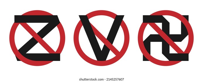 Prohibited signs Z and V, markings and stickers. Armed forces badges. Flat minimal design.