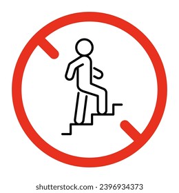 Prohibited stairs up person, entry for people, stop line sign. Symbol moving upstairs of person forbidden. Restricted to climbing stairs, ascending steps. Vector symbol