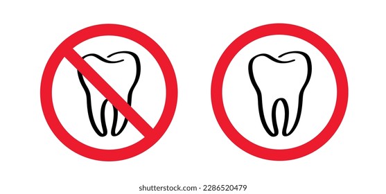 Prohibited tooth with gums icon. Molar line pattern. Vector no ban, warning sign. Damage teeth brush or tooth brush with caries. Stop, forbidden cracked tooth, mouth and dental, damaged. 